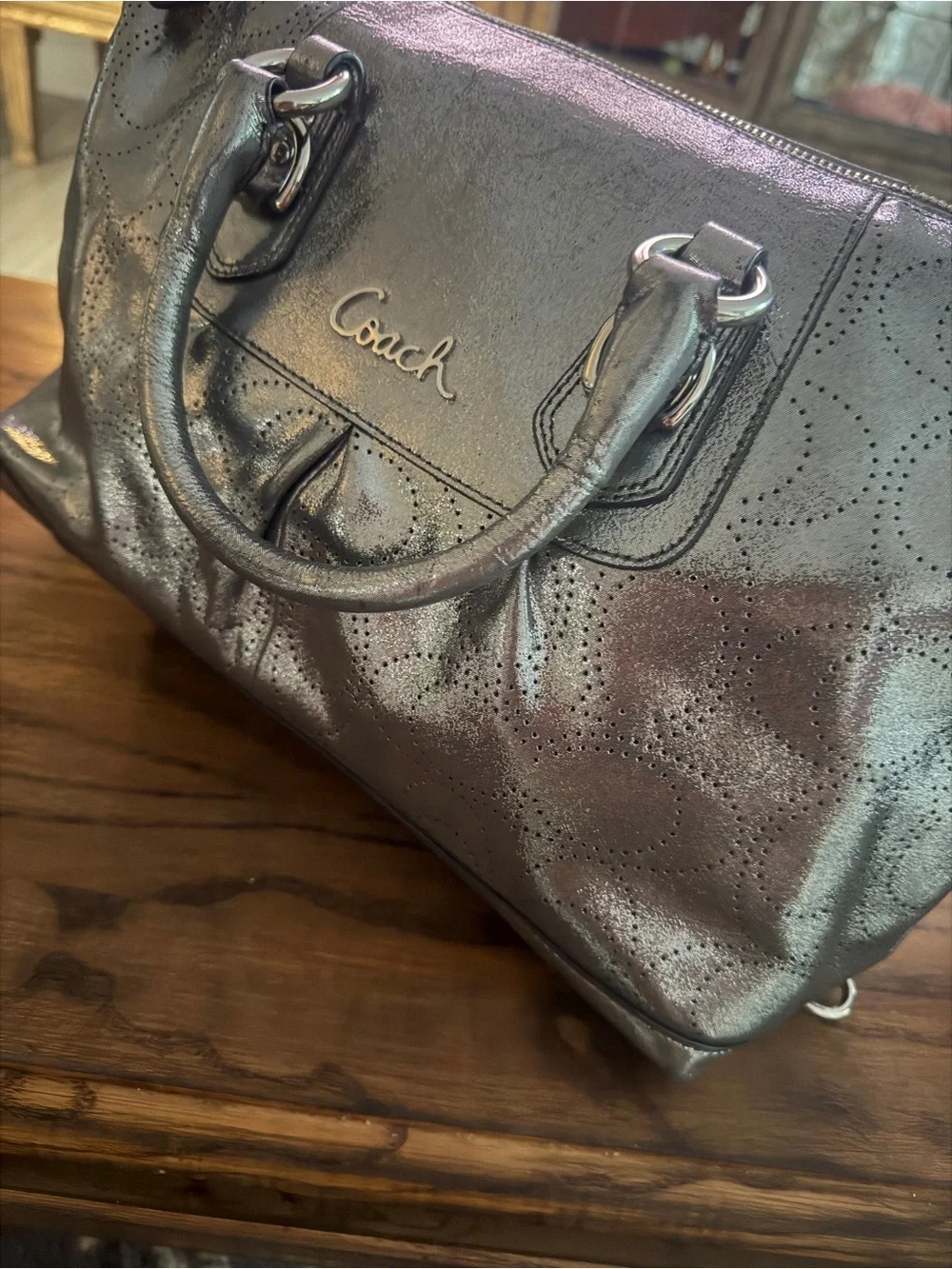 Coach Metallic Silver Leather Satchel with Perforated Detail